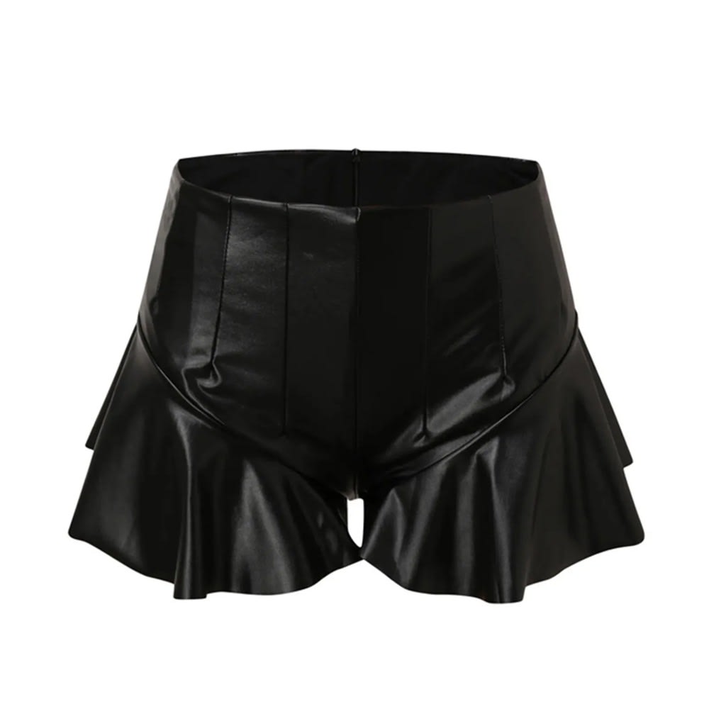 Stylish Faux Leather Ruffled Women's Mini Shorts - High-Waisted Nightclub Clubwear